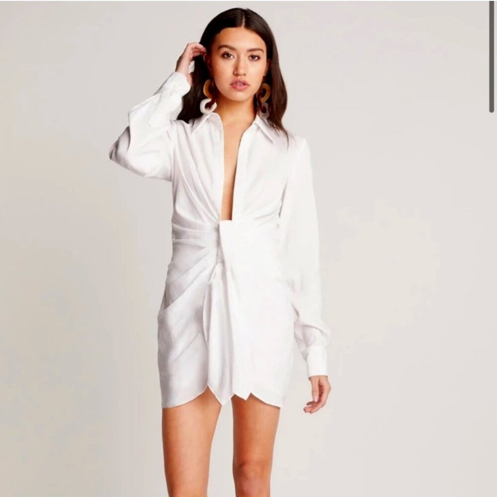 Choosy Long Sleeve White Pleated Tie Shirt Mini Dress White Womens